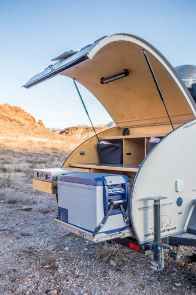 Pull out of the kitchen of an off road teardrop trailer