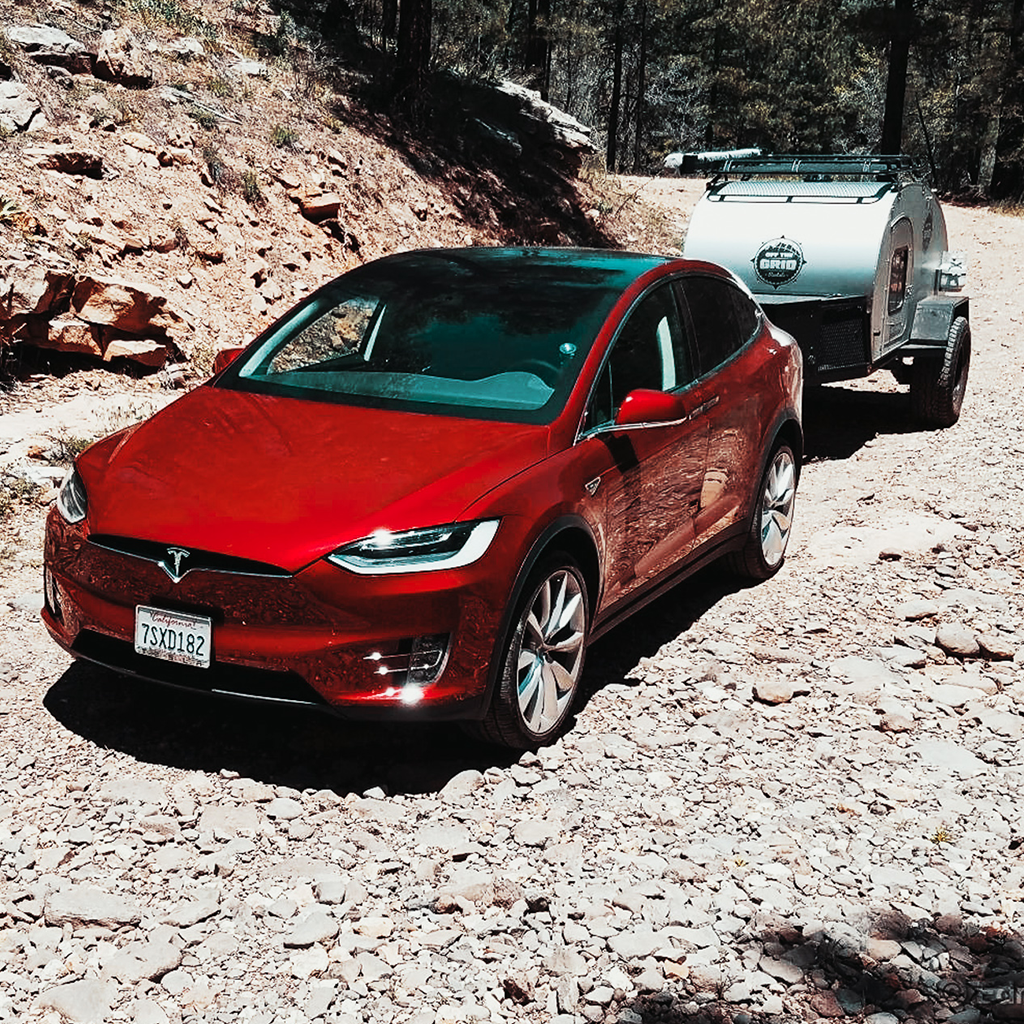 tesla x towing teardrop trailer